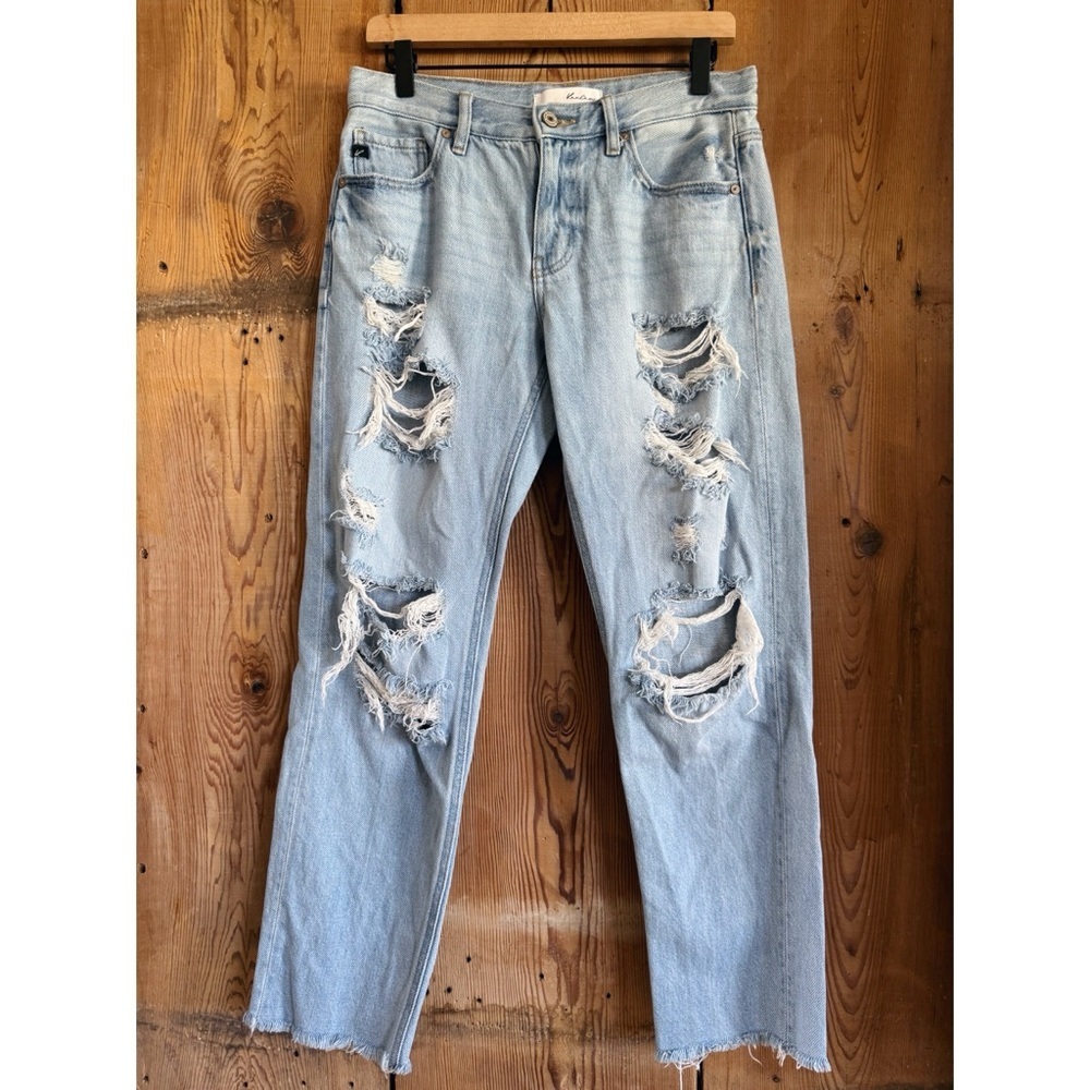 Sz 5/26 KanCan Light Stone Wash Mid Rise Straight Leg Distressed Fray Jeans GUC